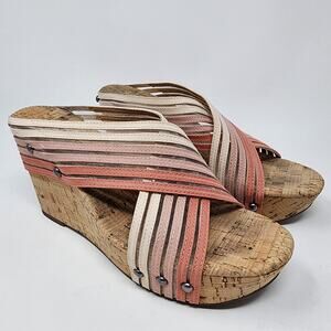 Lucky Brand Wedge Sandals Women 7.5M Kayla Pink Canyon Clay Ombre Stripe Cork